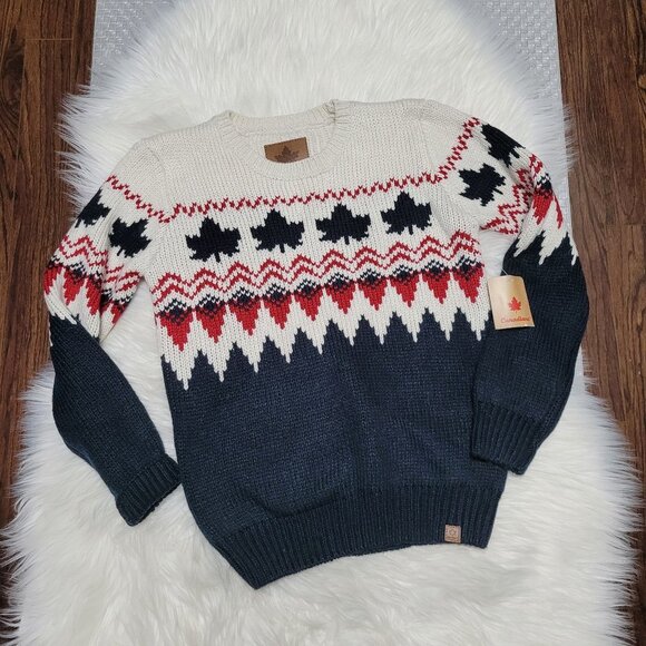 Canadiana 🆕️ Fair Isle Boy Knit Pullover Sweater Classic Maple Leaf Winter NWT - Picture 1 of 16